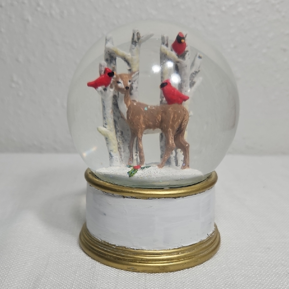 Winter Holiday Snow Globe with Deer and Cardinals Wood Scene